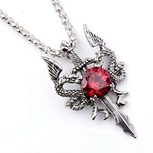 Gothic Vintage Inspired Dragon With Red Jewel accent Silver Tone Engraved Detail